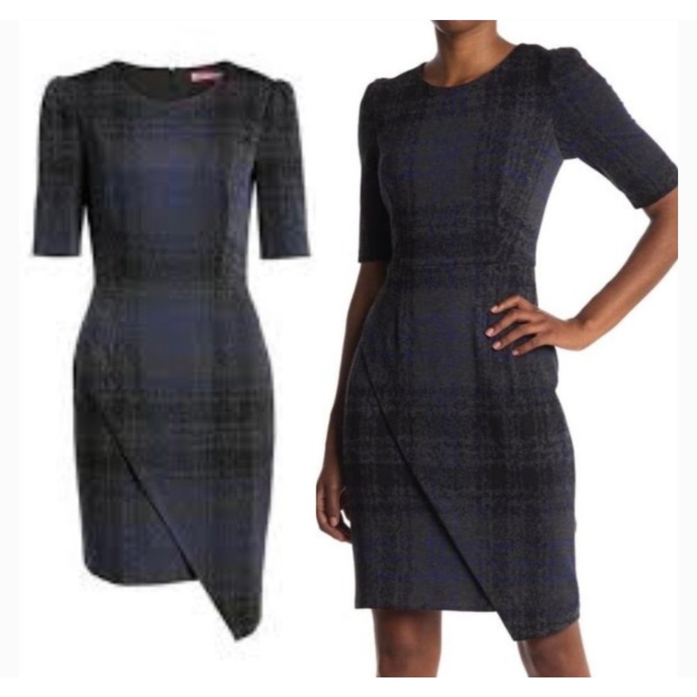 Betsey‎ Johnson Women Gray Blue Plaid Sheath Dress Asymmetrical Hem Size 10